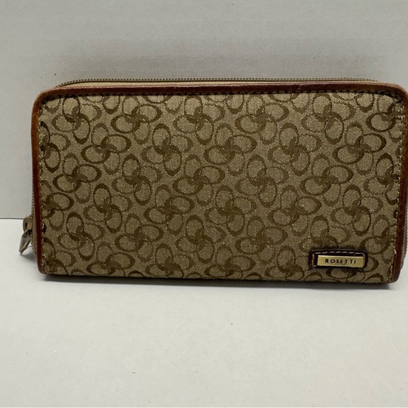 Rosetti Handbags - Rosetti Zip Around Wallet Tan Brown Monogram Geometric Pattern Organizer Clutch